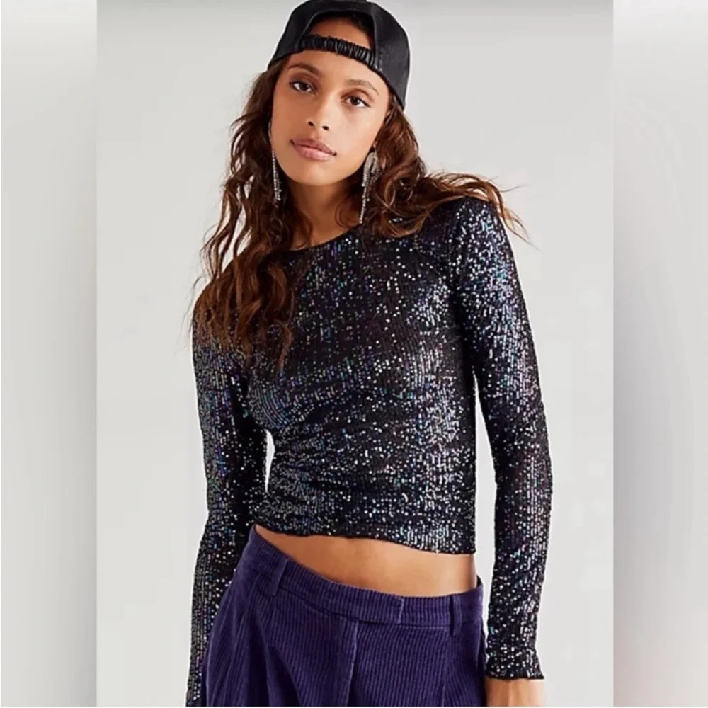 Intimately Free People Gold Rush Sequin Black Long Sleeve Tee Multi‎ Colored